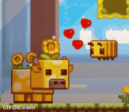 A Pixel Art Of A Cow And A Bee In A Video Game GIF