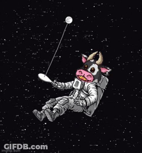 A Pixel Art Of A Cow Wearing A Space Suit Floating In Space Holding A Spoon . GIF