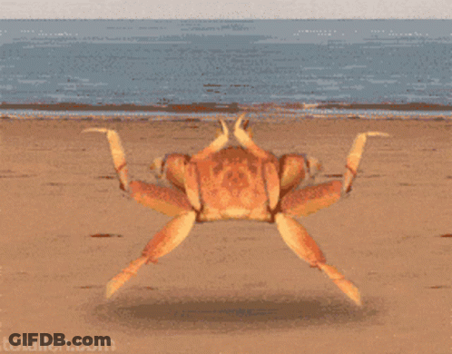 A Pixel Art Of A Crab Dancing On A Beach With The Website Totalleh.com At The Bottom GIF