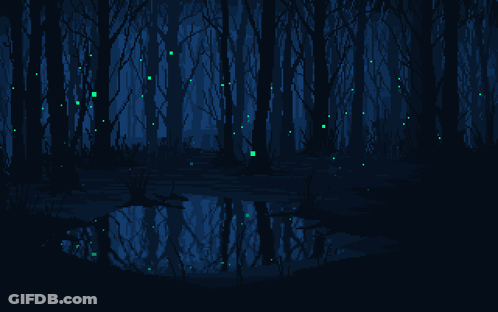 A Pixel Art Of A Dark Forest With Trees And A Puddle In The Middle GIF