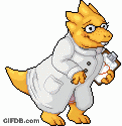 A Pixel Art Of A Dinosaur Wearing A Lab Coat And Holding A Clipboard GIF