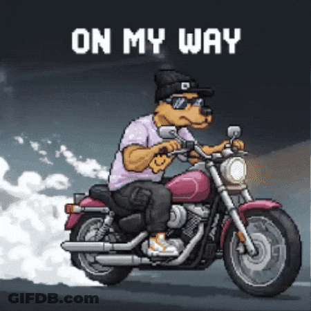 A Pixel Art Of A Dog Riding A Motorcycle With The Words " On My Way " Above Him GIF