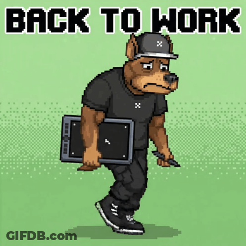 A Pixel Art Of A Dog Wearing A Hat And Holding A Tablet With The Words Back To Work Written Above Him GIF
