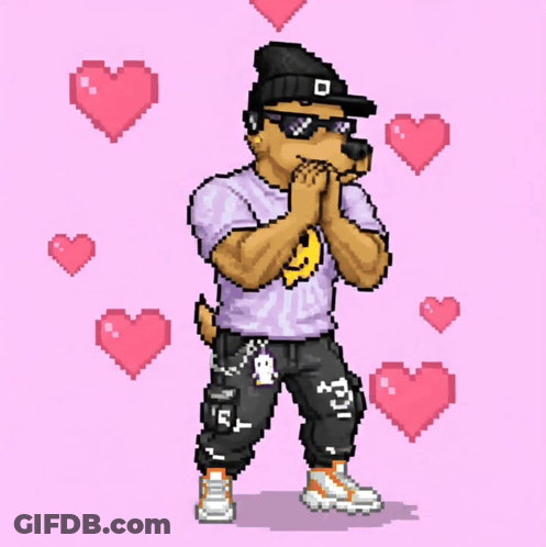 A Pixel Art Of A Dog Wearing Sunglasses And A Purple Shirt GIF