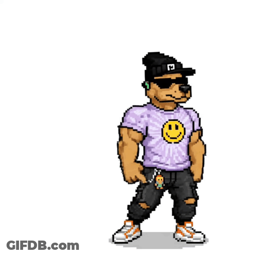 A Pixel Art Of A Dog Wearing Sunglasses And A Purple Shirt With A Smiley Face On It Says I Got You GIF