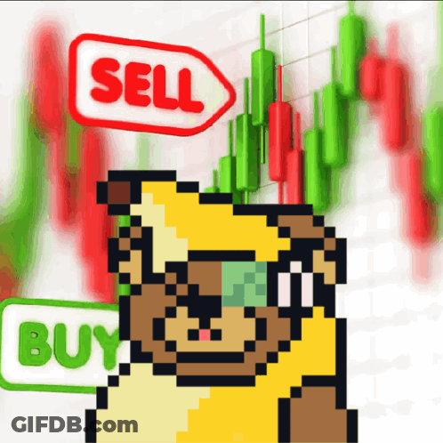A Pixel Art Of A Dog With Sunglasses And A Sell And Buy Sign Behind Him GIF