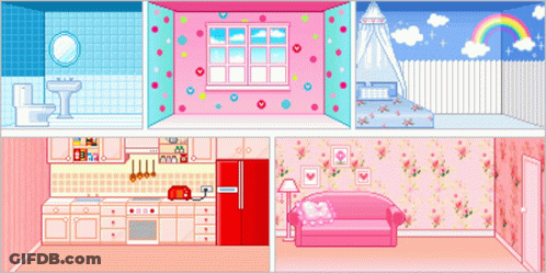 A Pixel Art Of A Doll House With A Rainbow In The Sky GIF