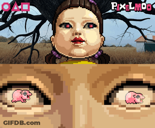 A Pixel Art Of A Doll With A Pig In Her Eye GIF