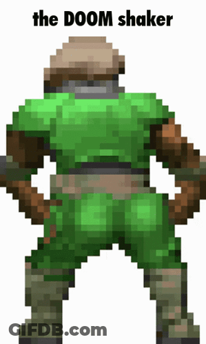A Pixel Art Of A Doom Character With The Words The Doom Shaker Below Him GIF