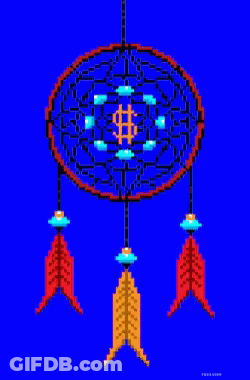 A Pixel Art Of A Dream Catcher With Purple Feathers On A Green Background GIF