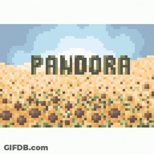 A Pixel Art Of A Field Of Sunflowers With The Word Pandora In Green GIF