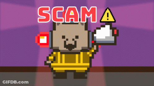 A Pixel Art Of A Fireman With The Words Scam A Behind Him GIF
