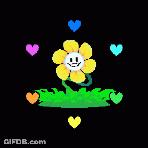 A Pixel Art Of A Flower With A Face And Hearts Around It . GIF