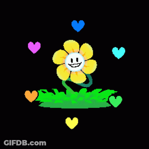 A Pixel Art Of A Flower With A Face And Hearts Around It . GIF