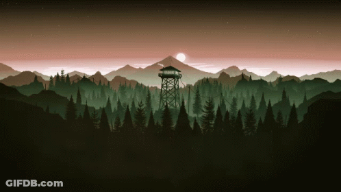 A Pixel Art Of A Forest With A Tower In The Foreground And Mountains In The Background GIF