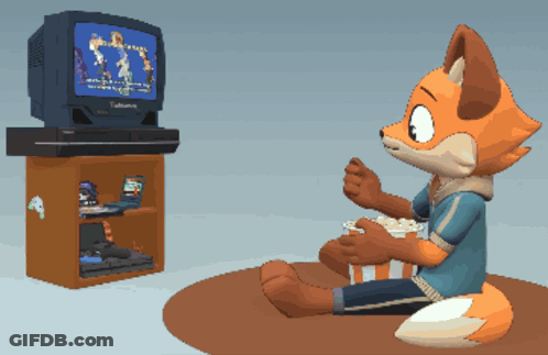A Pixel Art Of A Fox Eating Popcorn In Front Of A Television GIF
