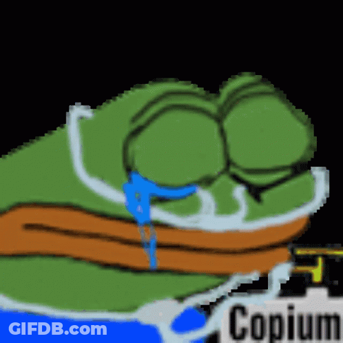 A Pixel Art Of A Frog Crying With Copium Written On The Bottom GIF