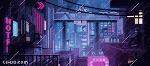 A Pixel Art Of A Futuristic City With A Sign That Says Hotel On It GIF