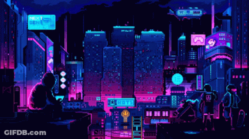 A Pixel Art Of A Futuristic City With A Sign That Says Next Gen GIF