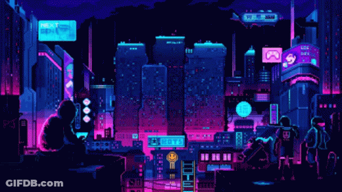 A Pixel Art Of A Futuristic City With A Sign That Says Next On It GIF