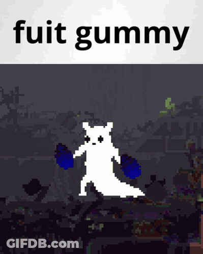 A Pixel Art Of A Ghost With The Words " Fuit Gummy " On The Bottom GIF