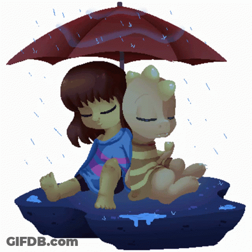 A Pixel Art Of A Girl And A Dinosaur Under An Umbrella In The Rain GIF