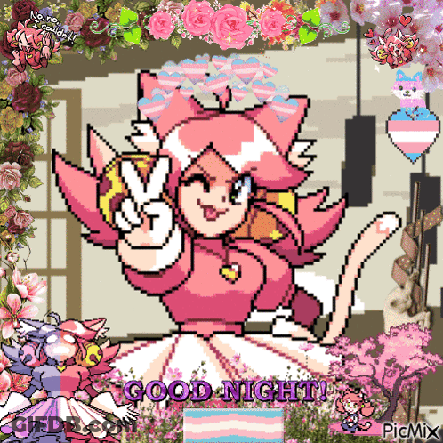 A Pixel Art Of A Girl Giving A Peace Sign With The Words Good Night Written Below Her GIF