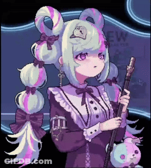 A Pixel Art Of A Girl Holding A Cane And A Teddy Bear GIF