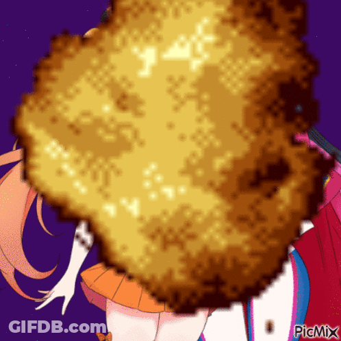 A Pixel Art Of A Girl Holding A Fried Chicken Breast . GIF