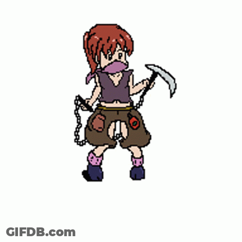 A Pixel Art Of A Girl Holding A Pickaxe And Chains GIF