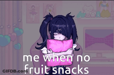 A Pixel Art Of A Girl Holding A Pink Pillow With The Words " Me When No Fruit Snacks " GIF