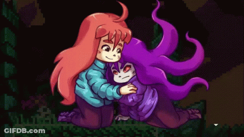 A Pixel Art Of A Girl Hugging Another Girl With Long Purple Hair GIF