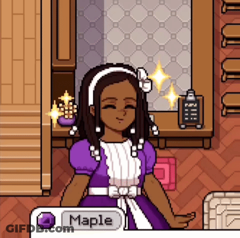 A Pixel Art Of A Girl In A Purple Dress With The Name Maple On The Bottom GIF