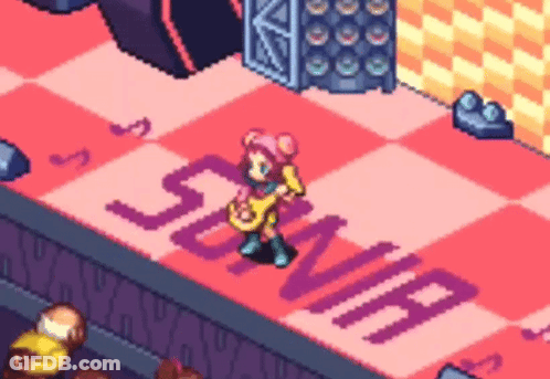 A Pixel Art Of A Girl Playing A Guitar In Front Of A Sign That Says ' Sonic ' GIF