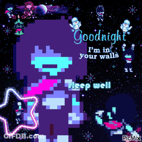 A Pixel Art Of A Girl Says Goodnight I 'M In Your Walls Sleep Well GIF