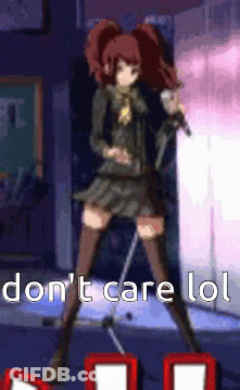 A Pixel Art Of A Girl Singing Into A Microphone With The Words " Don 'T Care Lol " Below Her GIF