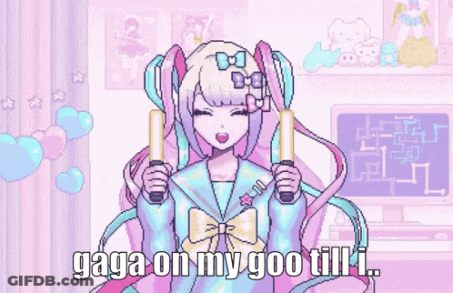 A Pixel Art Of A Girl Singing Into A Microphone With The Words Gaga On My Goo Till I. GIF