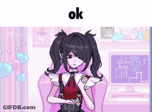 A Pixel Art Of A Girl Sitting In A Chair With The Word Ok On The Bottom GIF