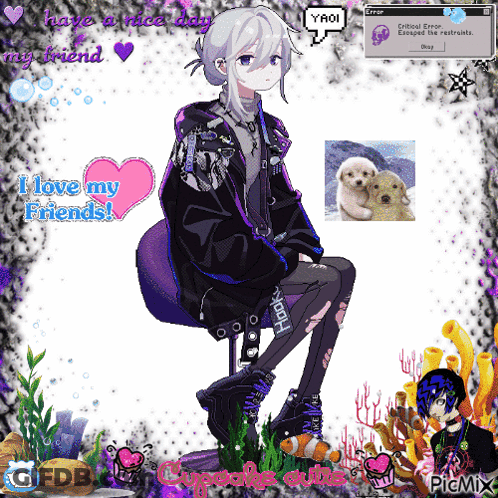 A Pixel Art Of A Girl Sitting In A Chair With The Words I Love My Friends On The Bottom GIF