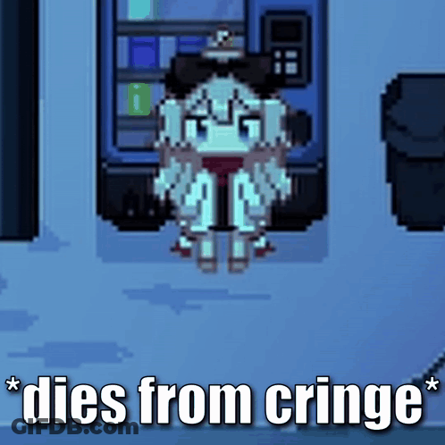 A Pixel Art Of A Girl Sitting In Front Of A Vending Machine With The Words " Dies From Cringe " Below Her GIF