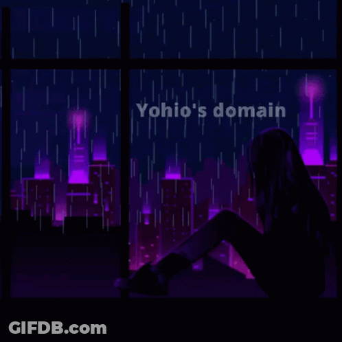 A Pixel Art Of A Girl Sitting In Front Of A Window With The Words Yoho 'S Domain Written Above Her GIF