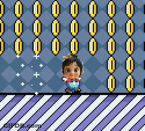 Pixel Art Girl In Front Of Gold Coins GIF