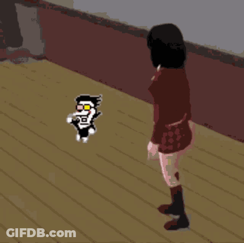 A Pixel Art Of A Girl Standing Next To A Cartoon Character GIF
