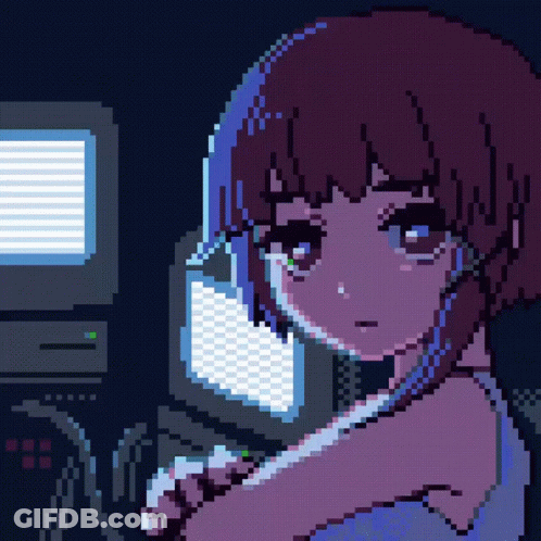 A Pixel Art Of A Girl Talking On A Phone In Front Of A Computer Monitor GIF