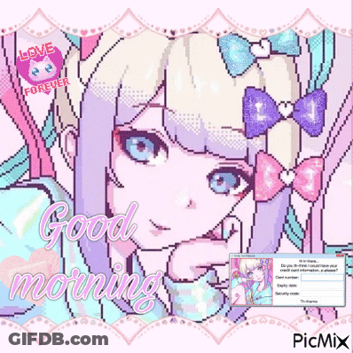 A Pixel Art Of A Girl With A Bow In Her Hair And The Words Good Morning GIF