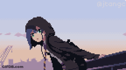 A Pixel Art Of A Girl With A Hood And The Letters Ajtange Below Her GIF