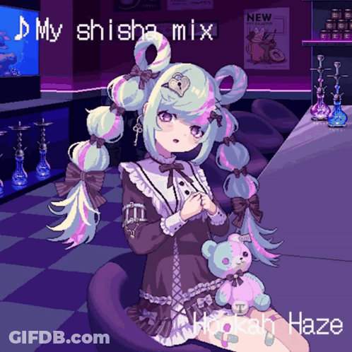A Pixel Art Of A Girl With A Hookah And The Words My Shisha Mix Hookah Haze On The Bottom GIF