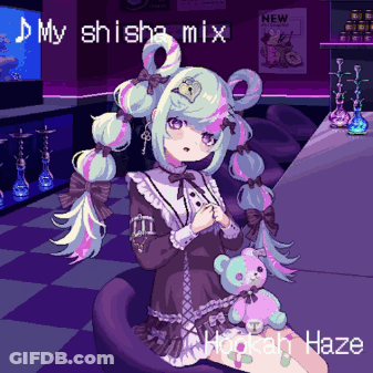 A Pixel Art Of A Girl With A Teddy Bear And The Words My Shisha Mix GIF