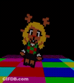 A Pixel Art Of A Girl With Blonde Hair And Antlers Standing On A Colorful Carpet . GIF