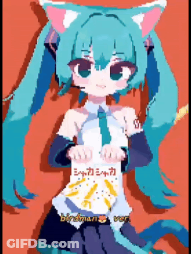 A Pixel Art Of A Girl With Cat Ears Holding A Sign That Says Birdman GIF